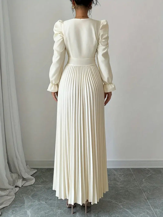 Robe Longue Élégante Femme – Manches Bouffantes & Ceinture (Style A-line)