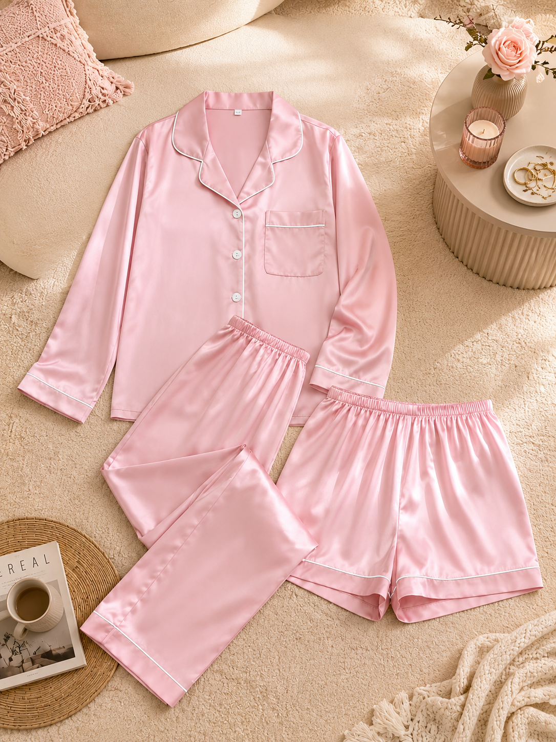 Ensemble Pyjama Satin Femme 3 Pièces – Chemise, Pantalon & Short