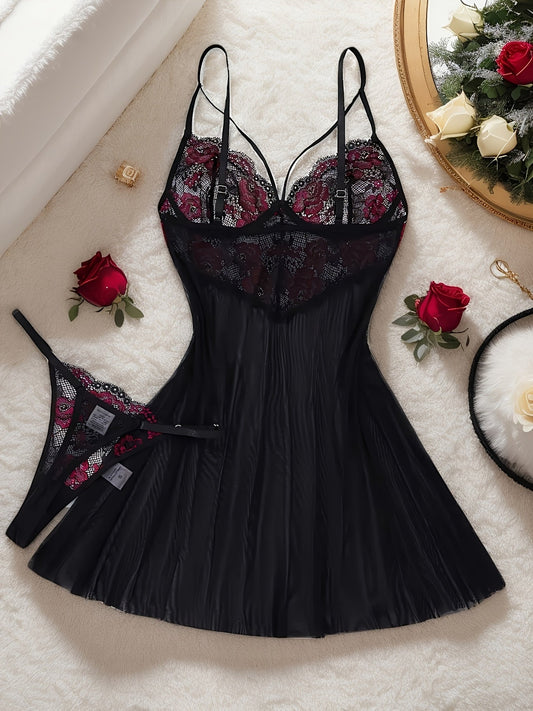 Nuisette sexy en dentelle rouge et noire contrastée pour femme