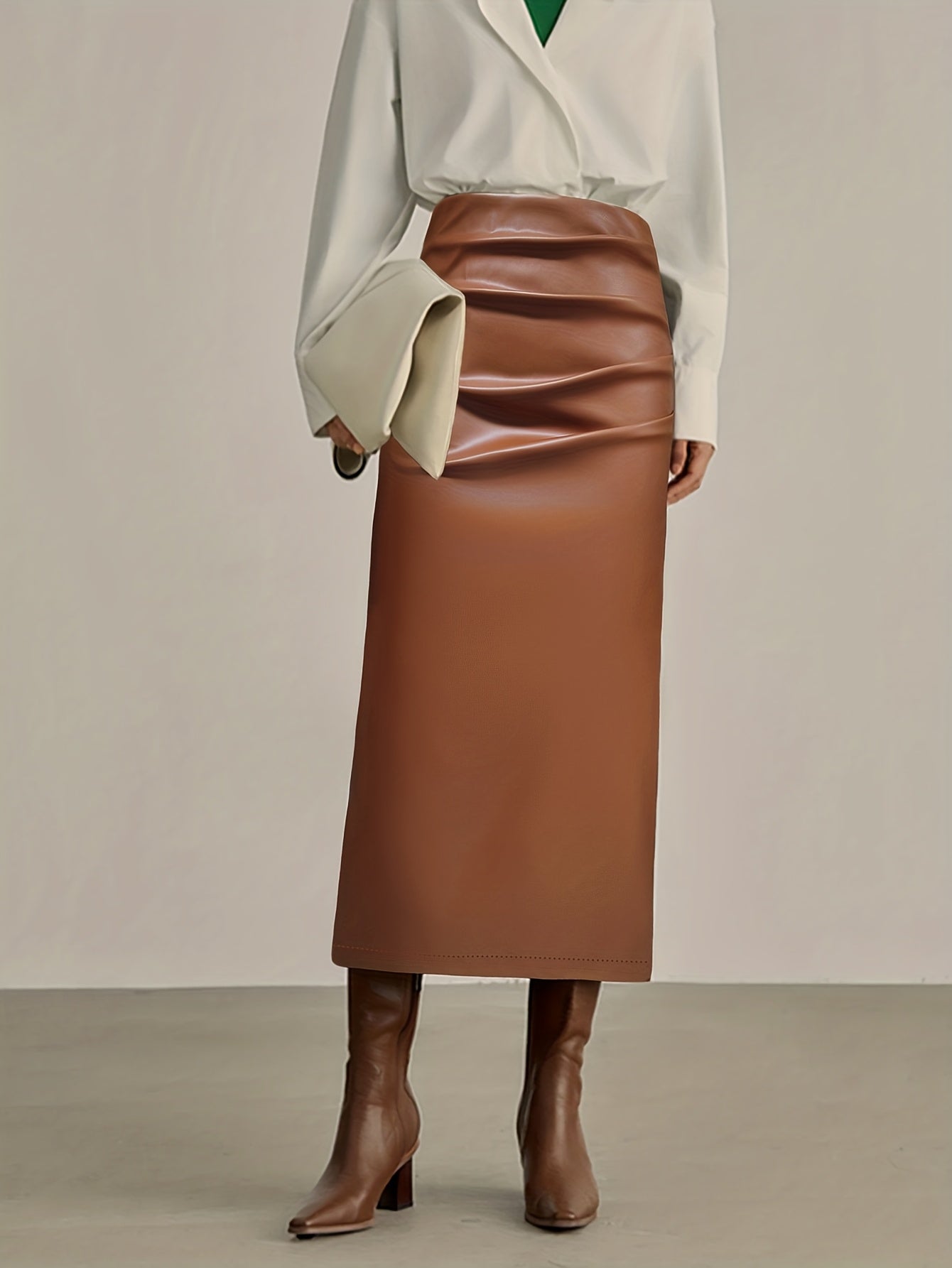 Jupe plissée élégante en PU marron pour femme