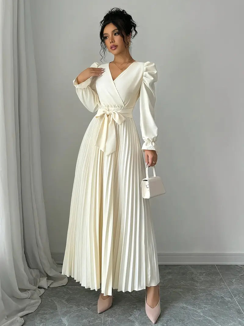 Robe Longue Élégante Femme – Manches Bouffantes & Ceinture (Style A-line)