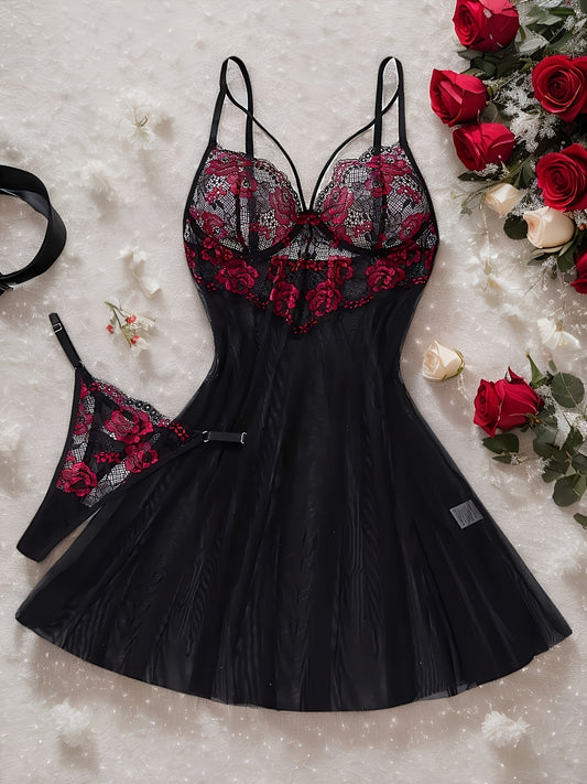 Nuisette sexy en dentelle rouge et noire contrastée pour femme