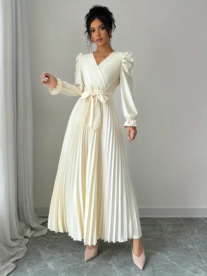 Robe Longue Élégante Femme – Manches Bouffantes & Ceinture (Style A-line)