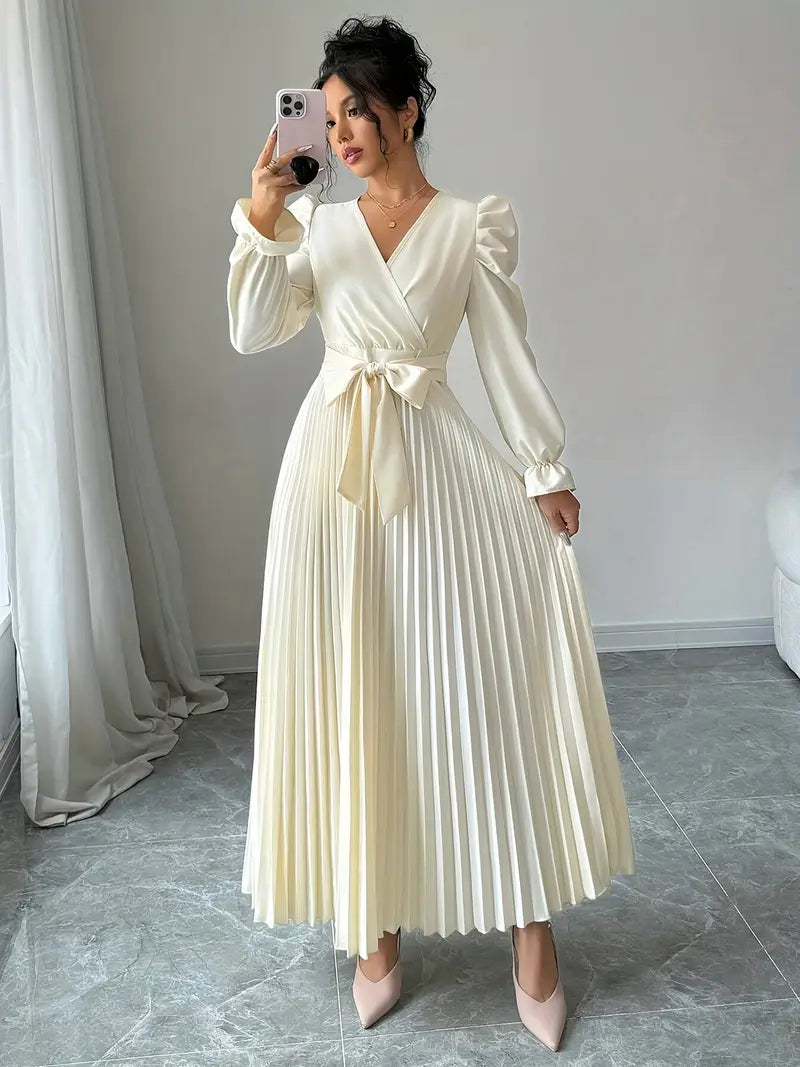 Robe Longue Élégante Femme – Manches Bouffantes & Ceinture (Style A-line)