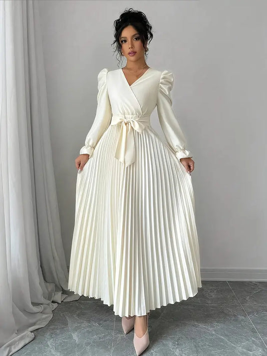 Robe Longue Élégante Femme – Manches Bouffantes & Ceinture (Style A-line)