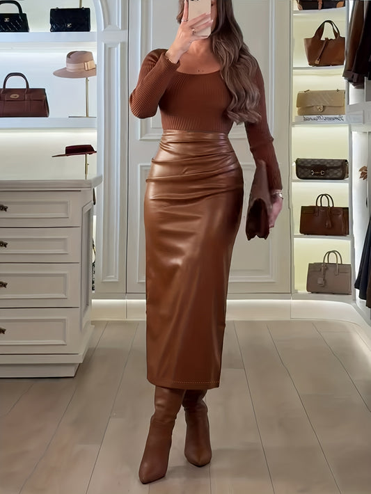 Jupe plissée élégante en PU marron pour femme