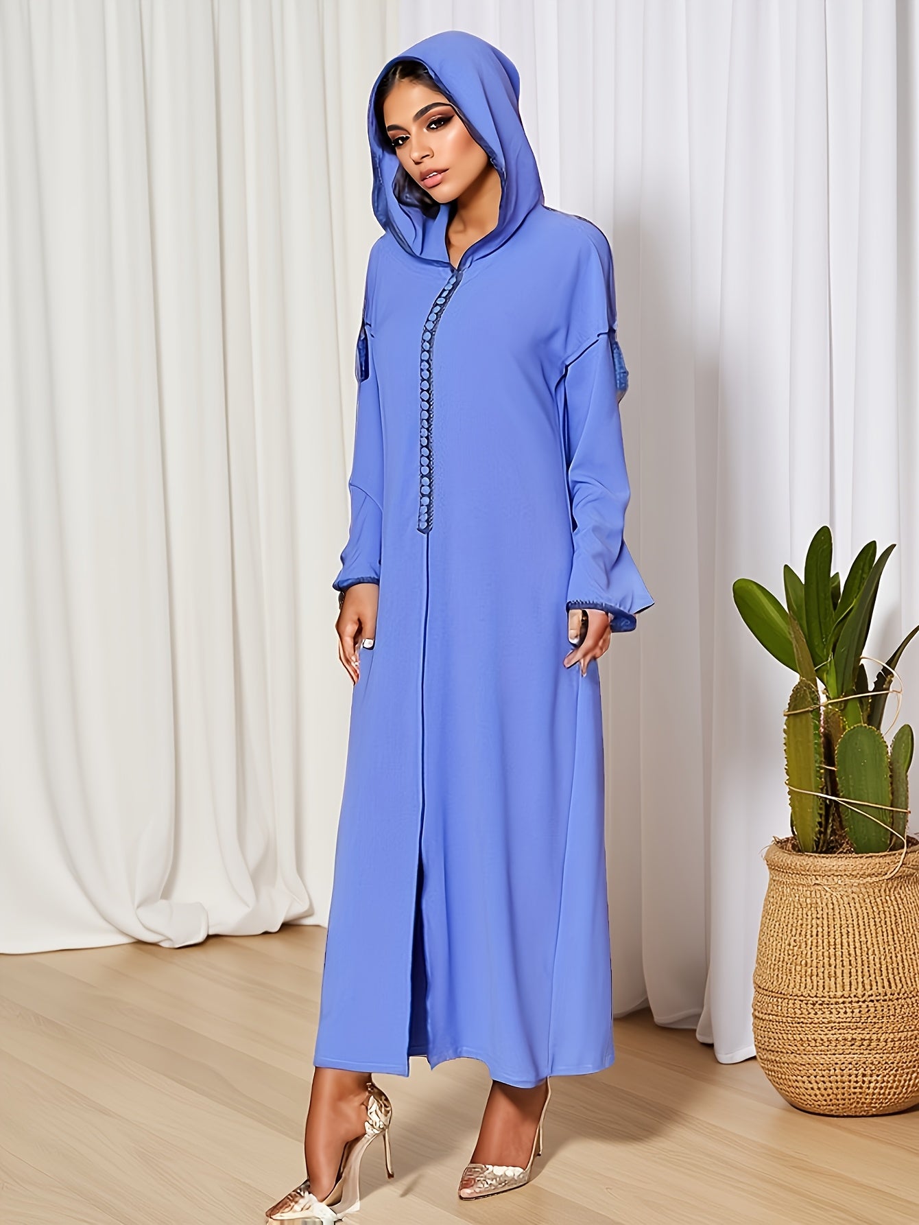 Djellaba femme à capuche bleu roi à manches longues